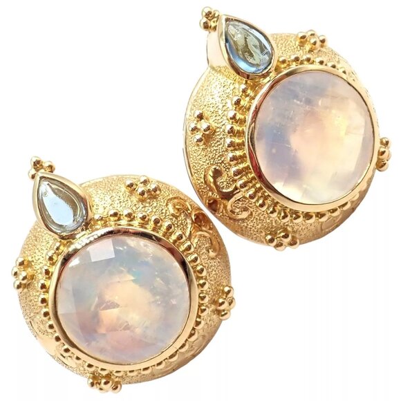 Rare! Vintage Paula Crevoshay 18k Gold Aquamarine Moonstone Round Earrings OOAK - Picture 10 of 12